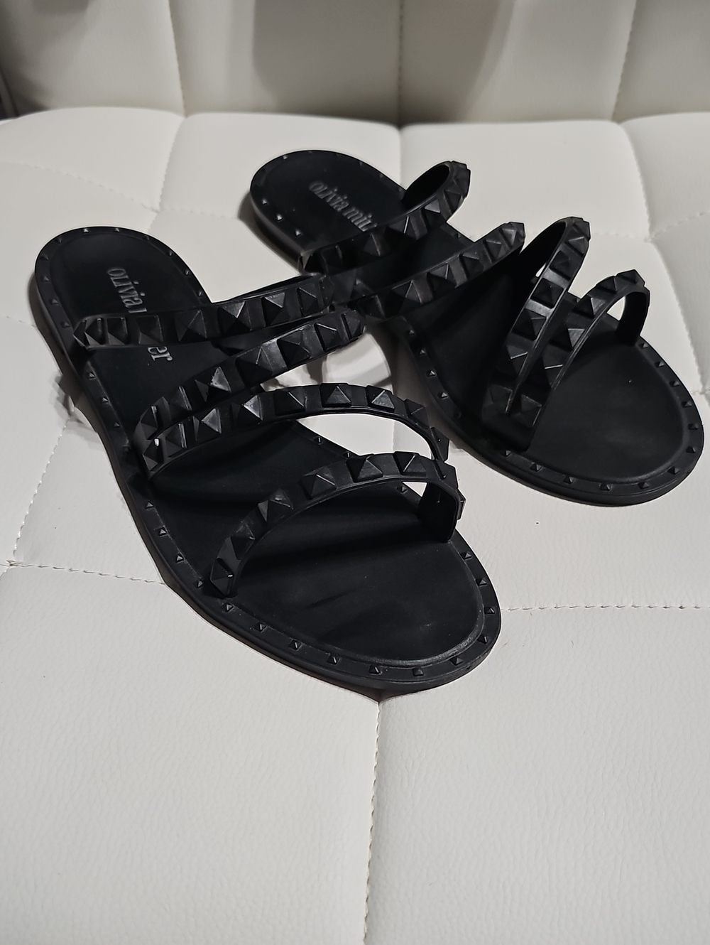 Olivia Miller Black Triple-Strap Pyramid-Stud Slide Sandals